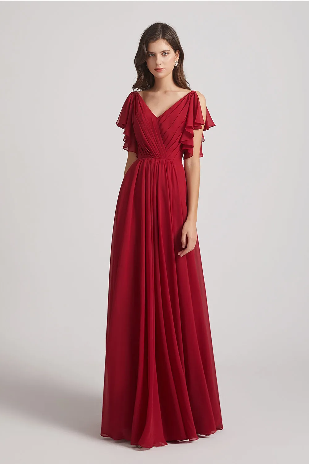 V-Neck Pleated Chiffon Bridesmaid Dresses with Open Flutter Sleeves (AF0098)