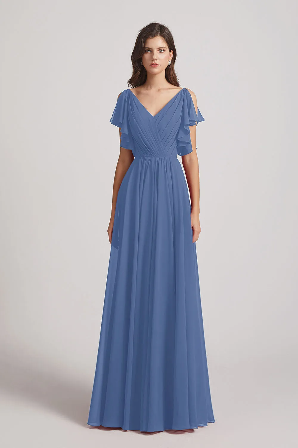 V-Neck Pleated Chiffon Bridesmaid Dresses with Open Flutter Sleeves (AF0098)