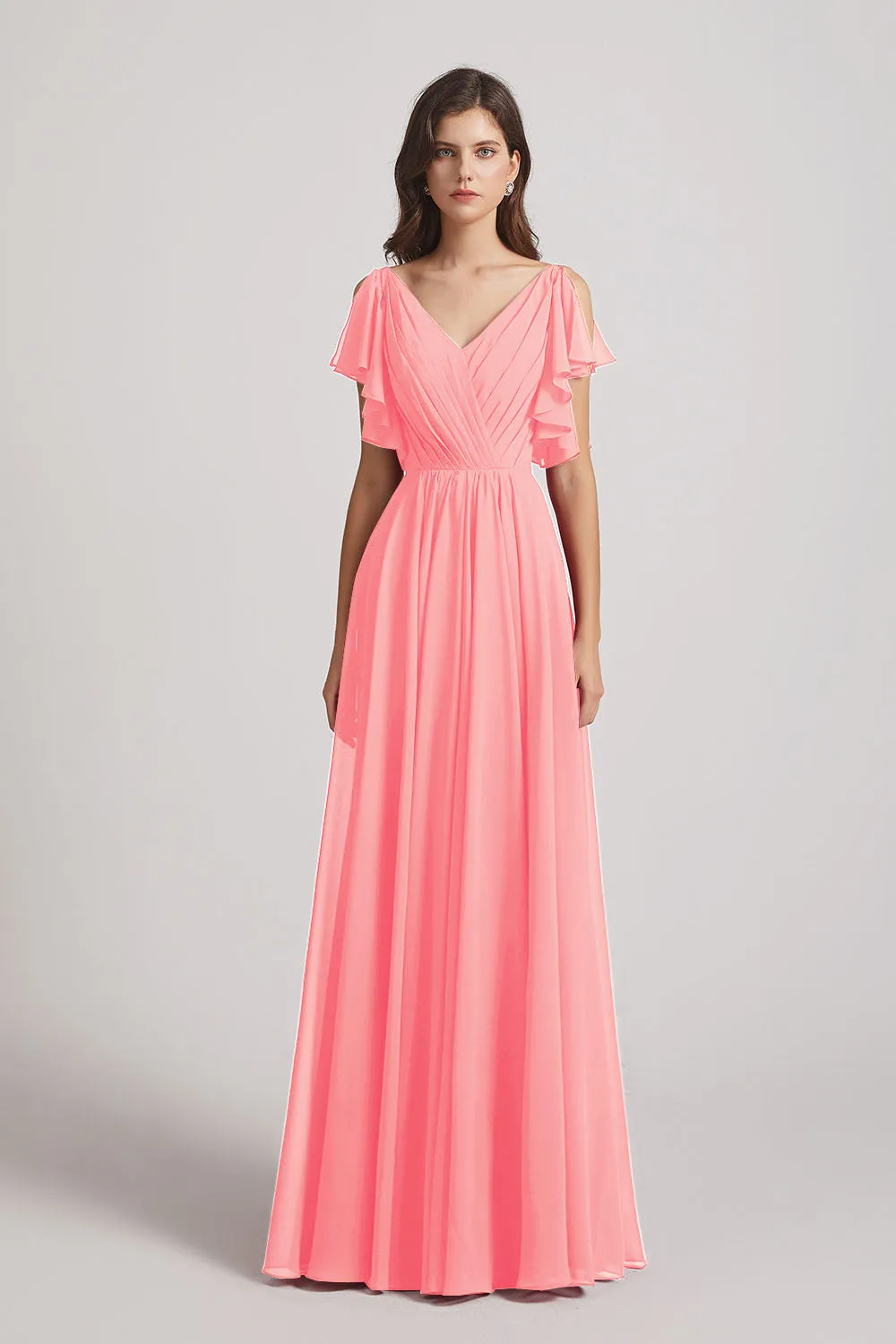 V-Neck Pleated Chiffon Bridesmaid Dresses with Open Flutter Sleeves (AF0098)