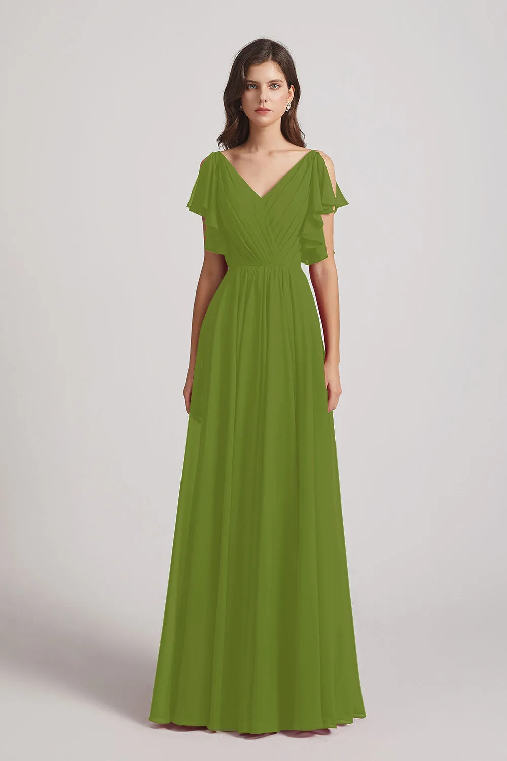 V-Neck Pleated Chiffon Bridesmaid Dresses with Open Flutter Sleeves (AF0098)