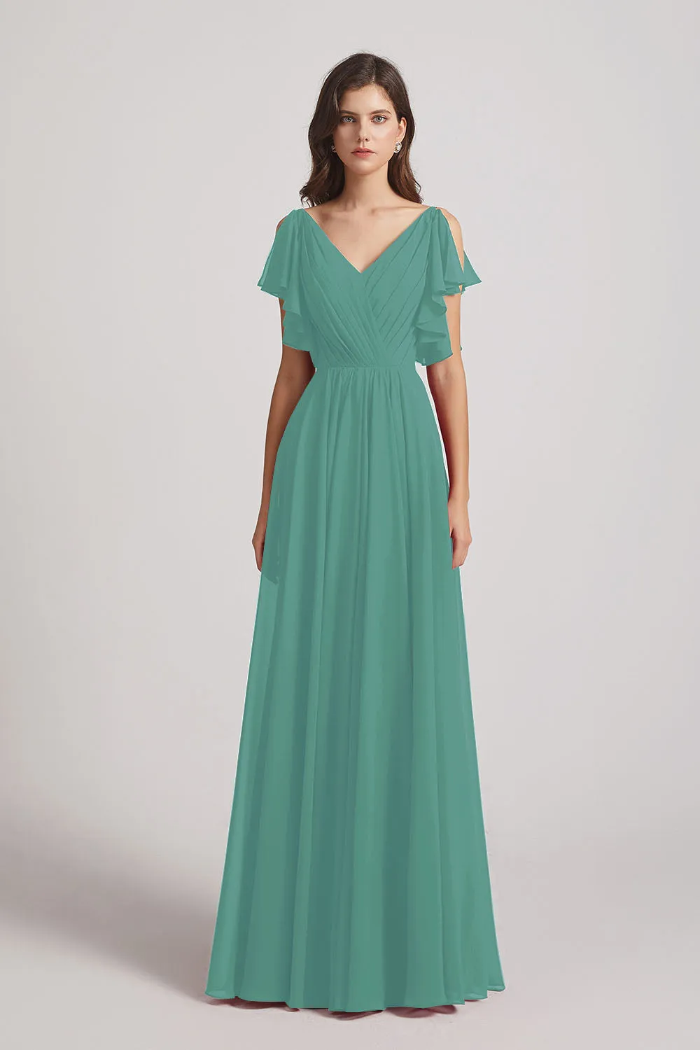 V-Neck Pleated Chiffon Bridesmaid Dresses with Open Flutter Sleeves (AF0098)