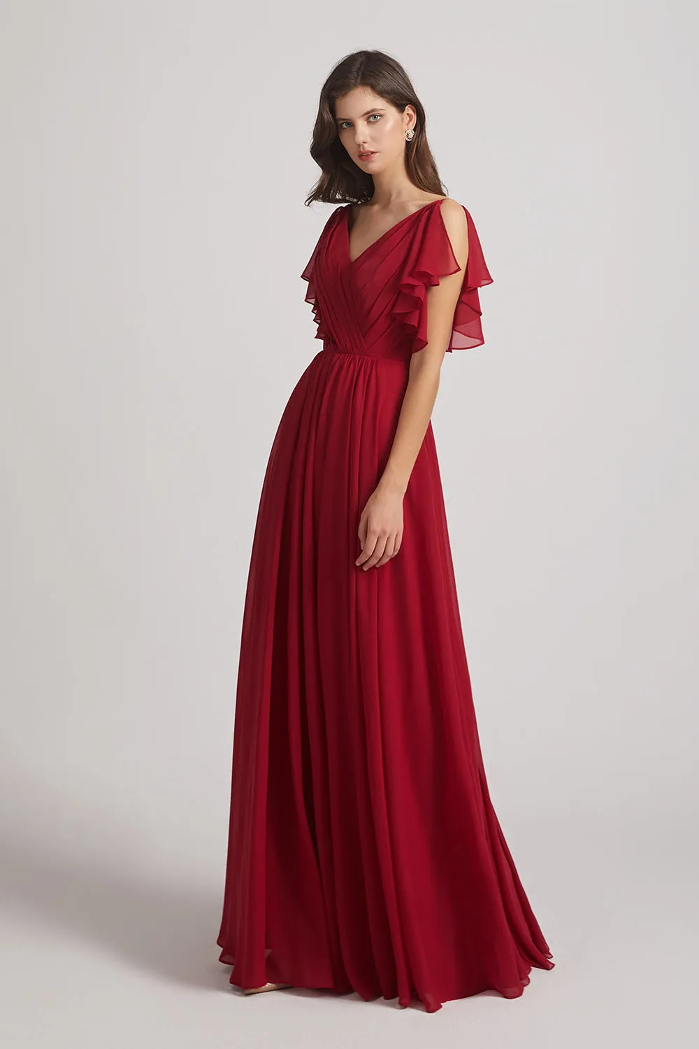 V-Neck Pleated Chiffon Bridesmaid Dresses with Open Flutter Sleeves (AF0098)