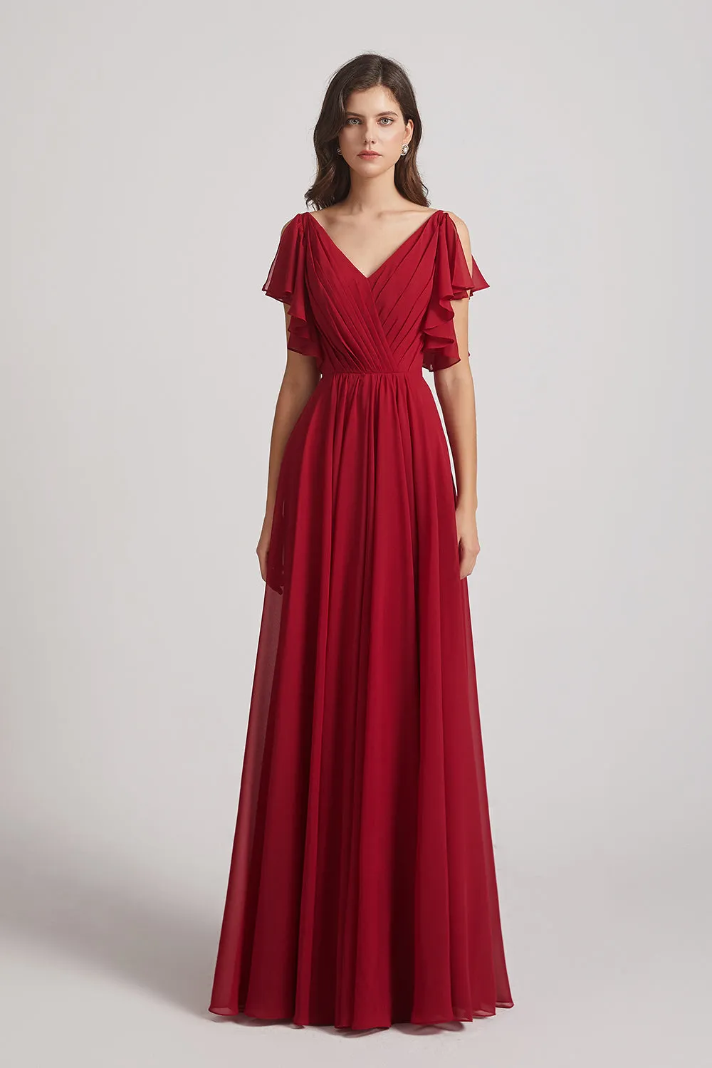 V-Neck Pleated Chiffon Bridesmaid Dresses with Open Flutter Sleeves (AF0098)