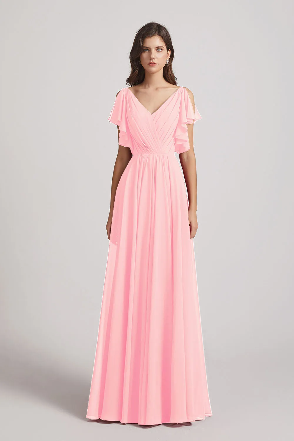 V-Neck Pleated Chiffon Bridesmaid Dresses with Open Flutter Sleeves (AF0098)