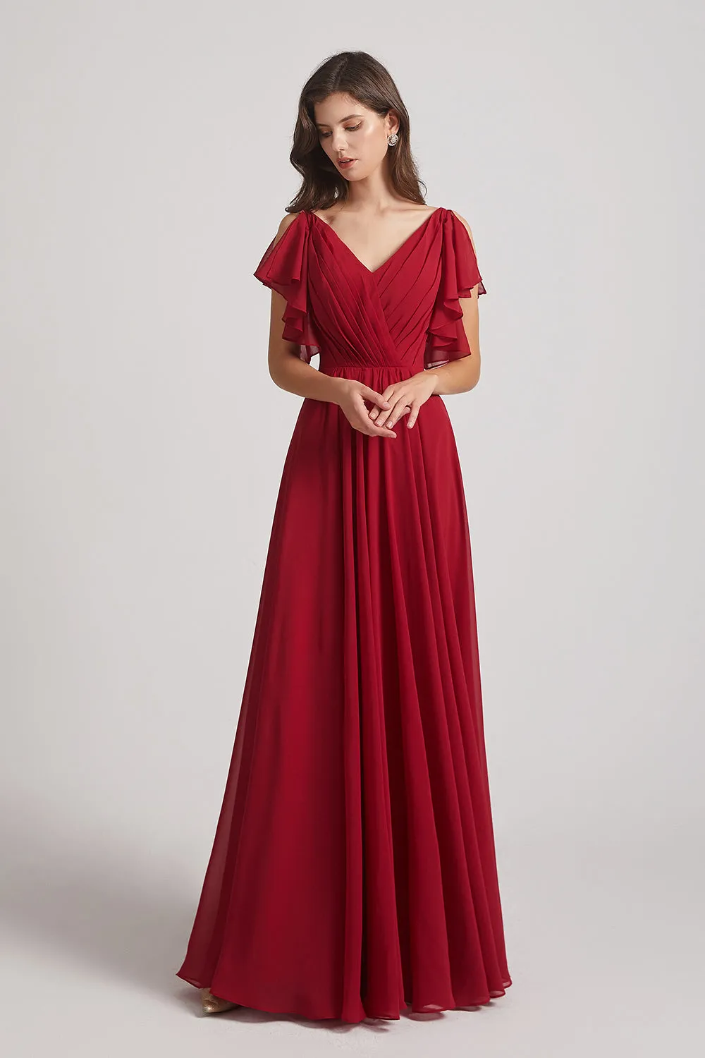 V-Neck Pleated Chiffon Bridesmaid Dresses with Open Flutter Sleeves (AF0098)