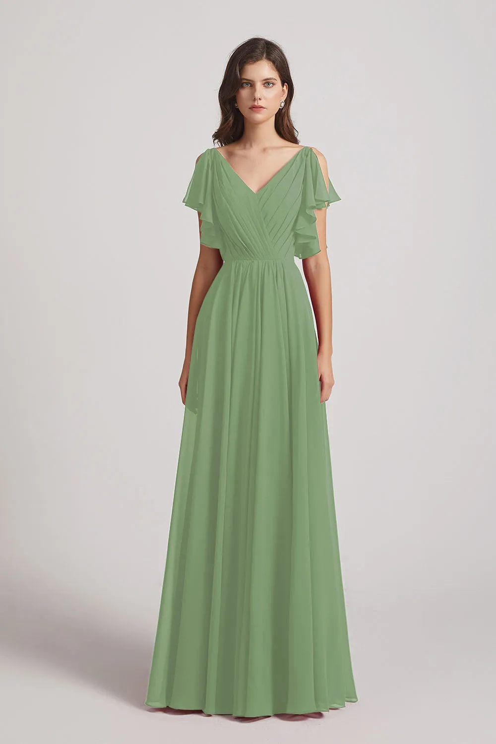 V-Neck Pleated Chiffon Bridesmaid Dresses with Open Flutter Sleeves (AF0098)