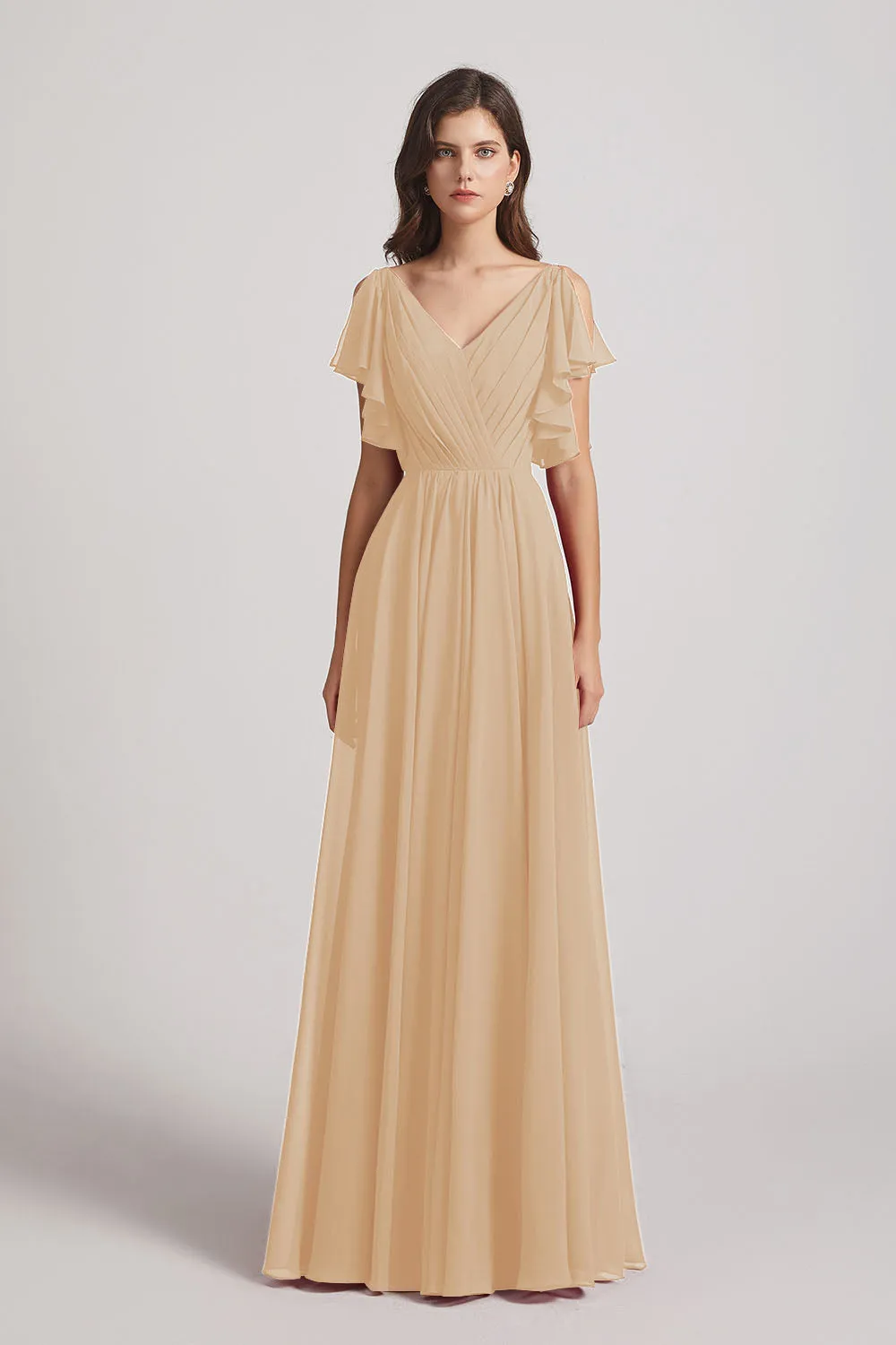 V-Neck Pleated Chiffon Bridesmaid Dresses with Open Flutter Sleeves (AF0098)