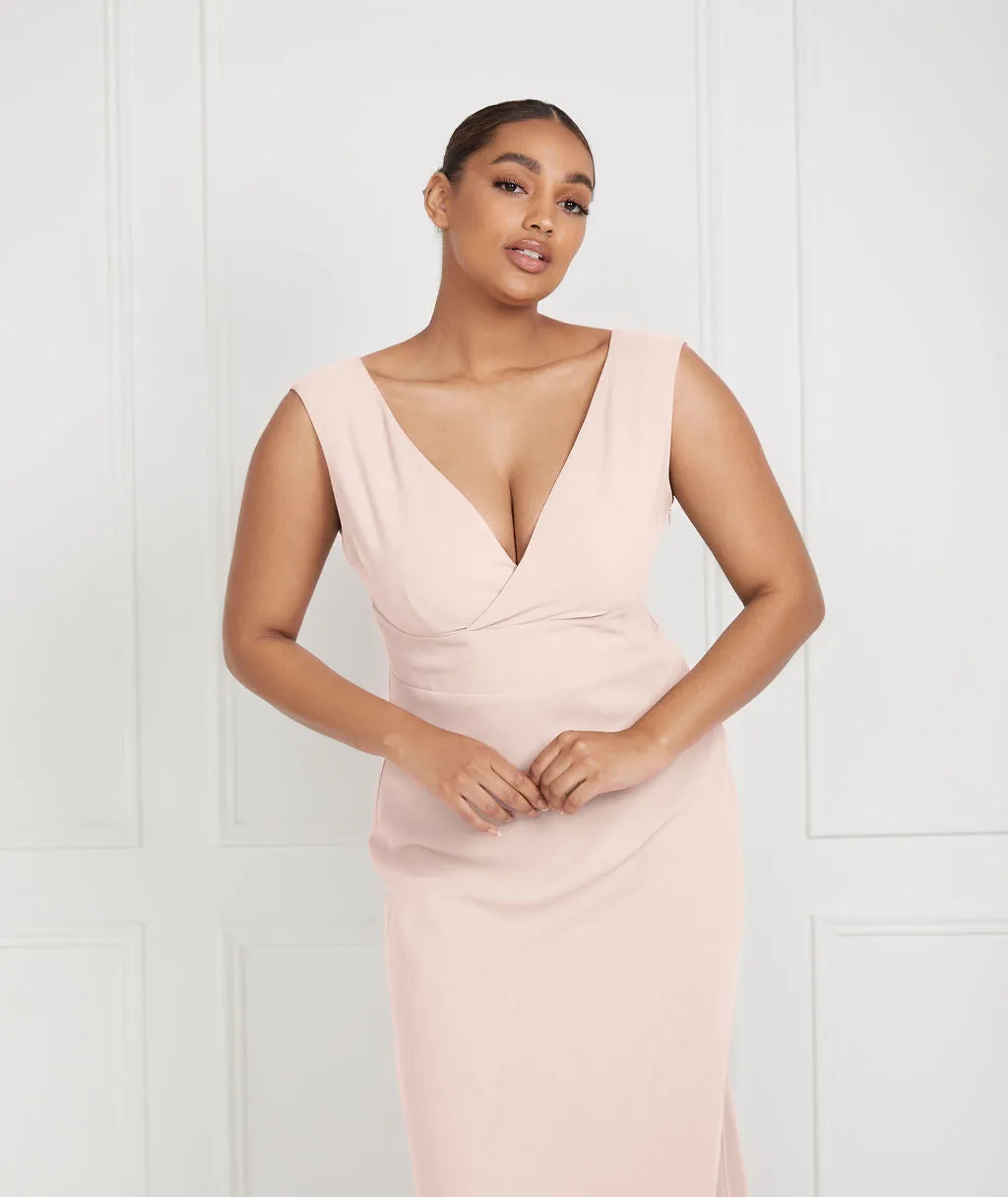 V Neck Plunge Crepe Bridesmaid Dress - Blush