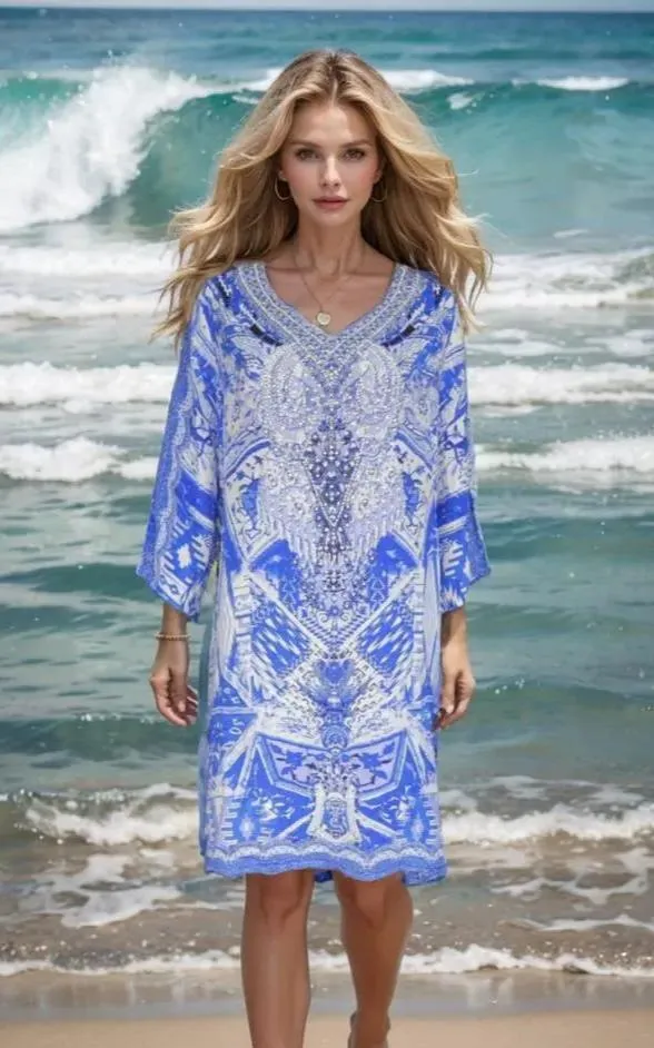 Venice 3/4 sleeve Silk Embellished Tunic Dress