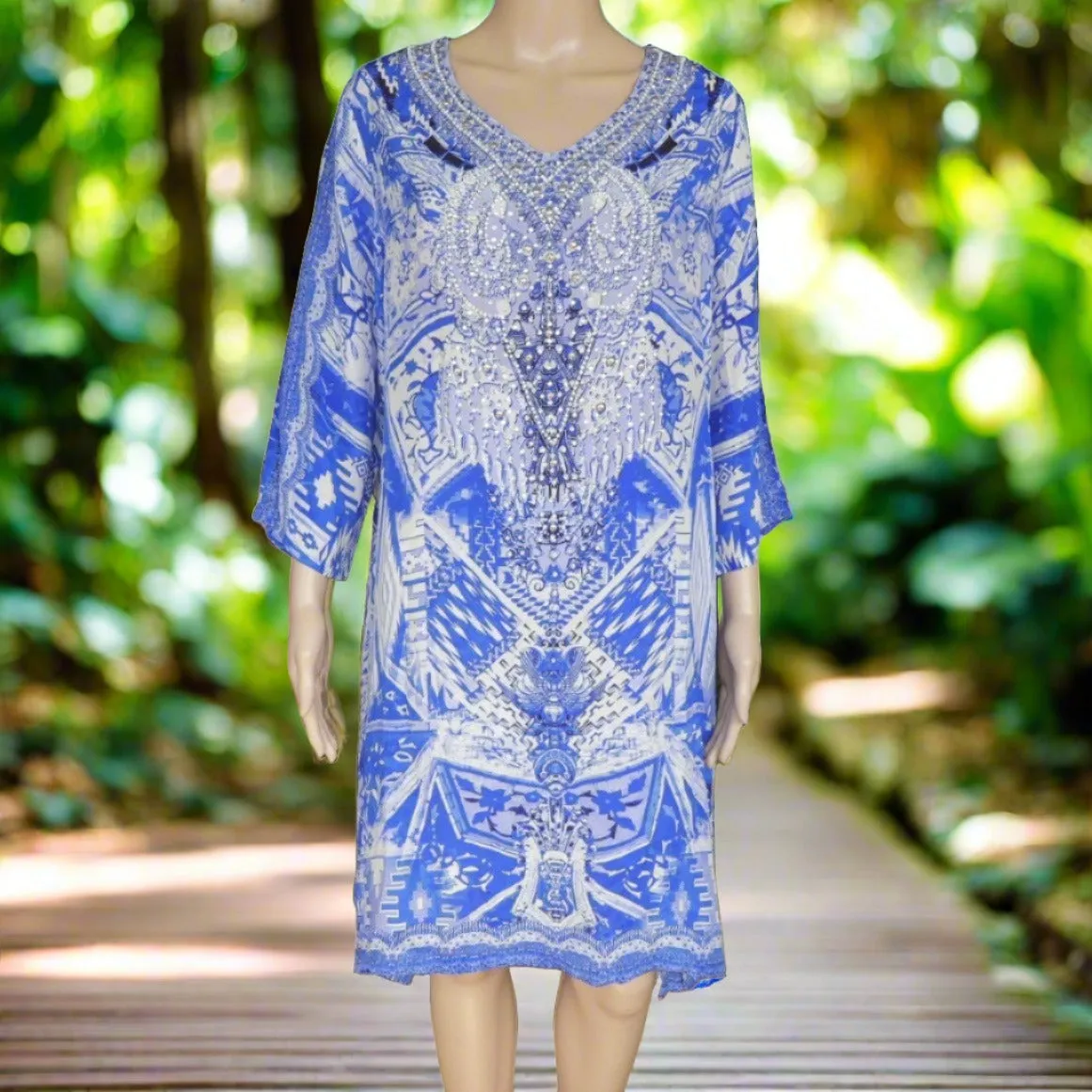 Venice 3/4 sleeve Silk Embellished Tunic Dress