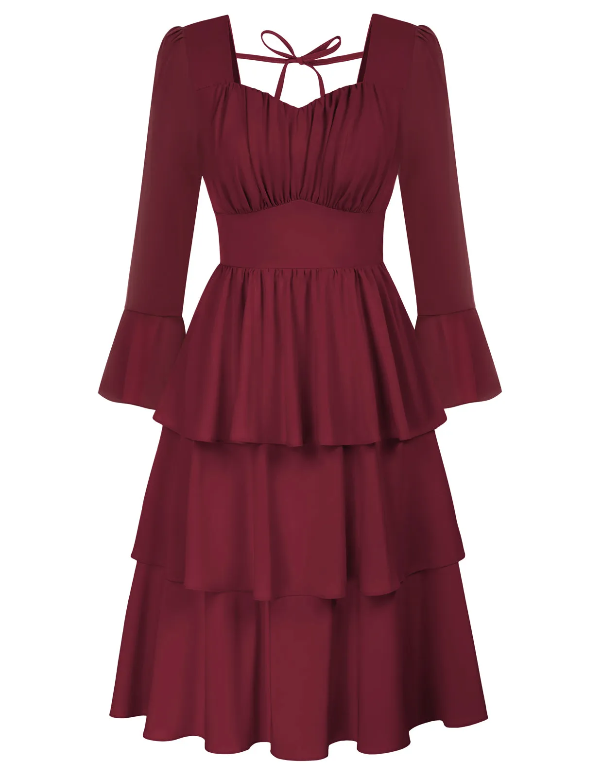 Vintage 3-Layer Cake Dress Long Sleeve Square V-Neck A-Line Midi Dress