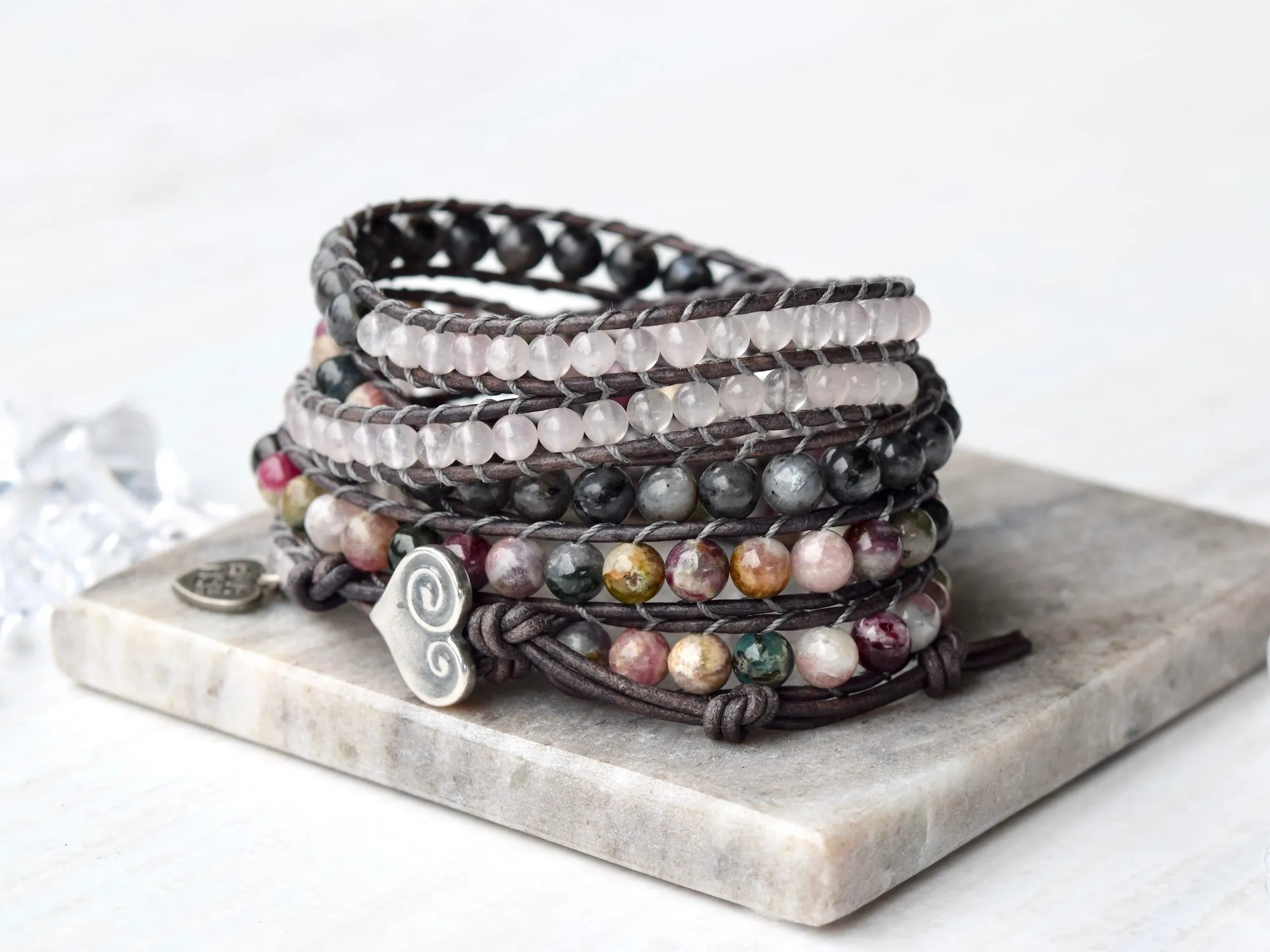 Watermelon Tourmaline & Rose Quartz Statement Wrap Bracelet