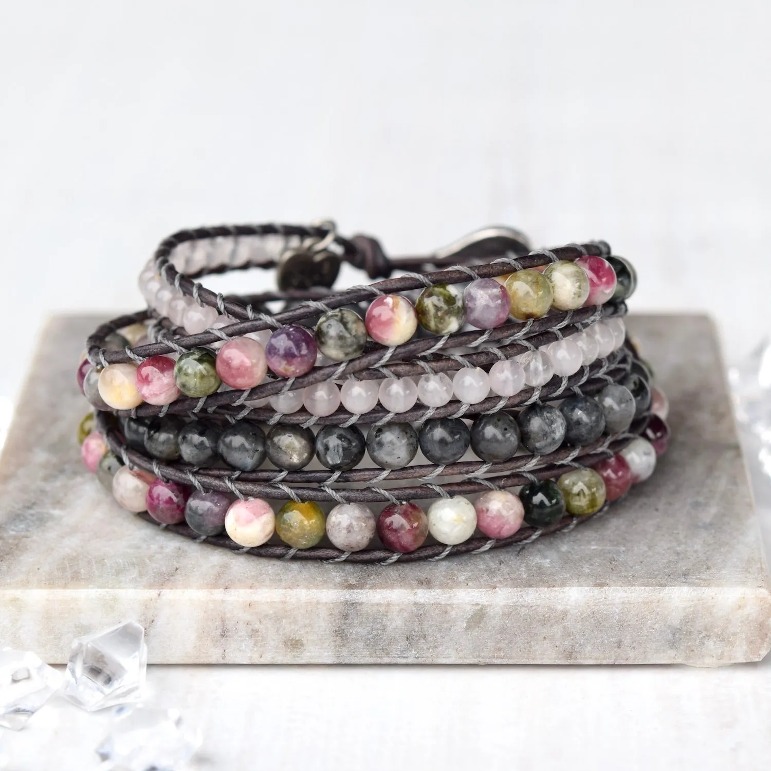 Watermelon Tourmaline & Rose Quartz Statement Wrap Bracelet