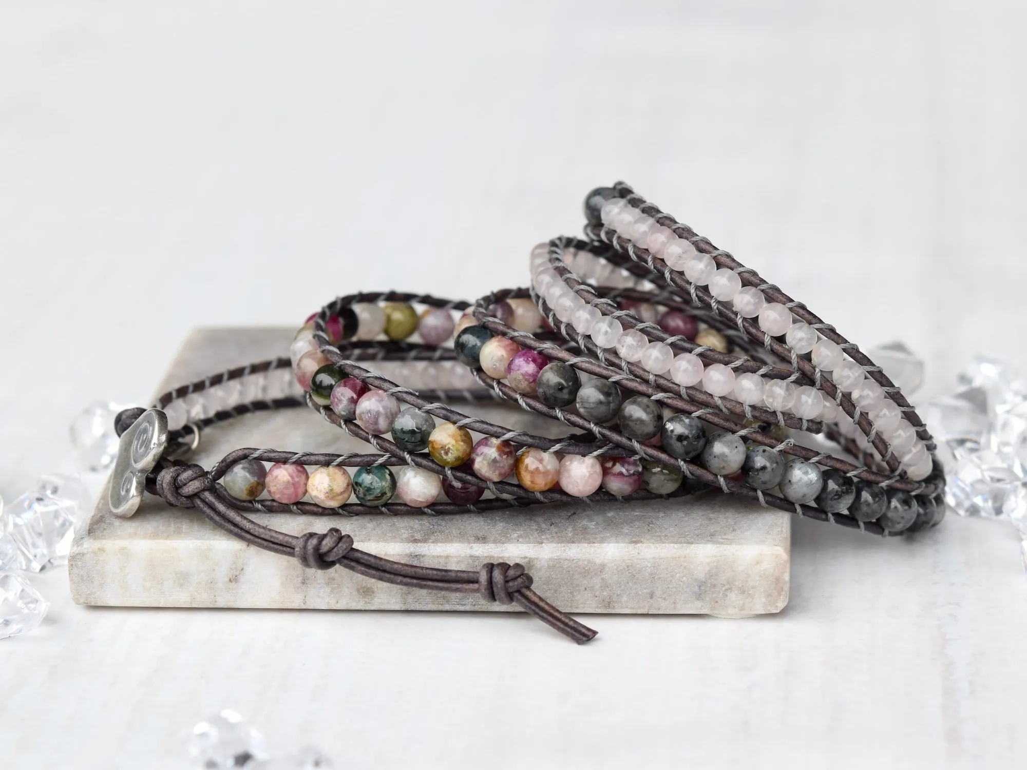 Watermelon Tourmaline & Rose Quartz Statement Wrap Bracelet