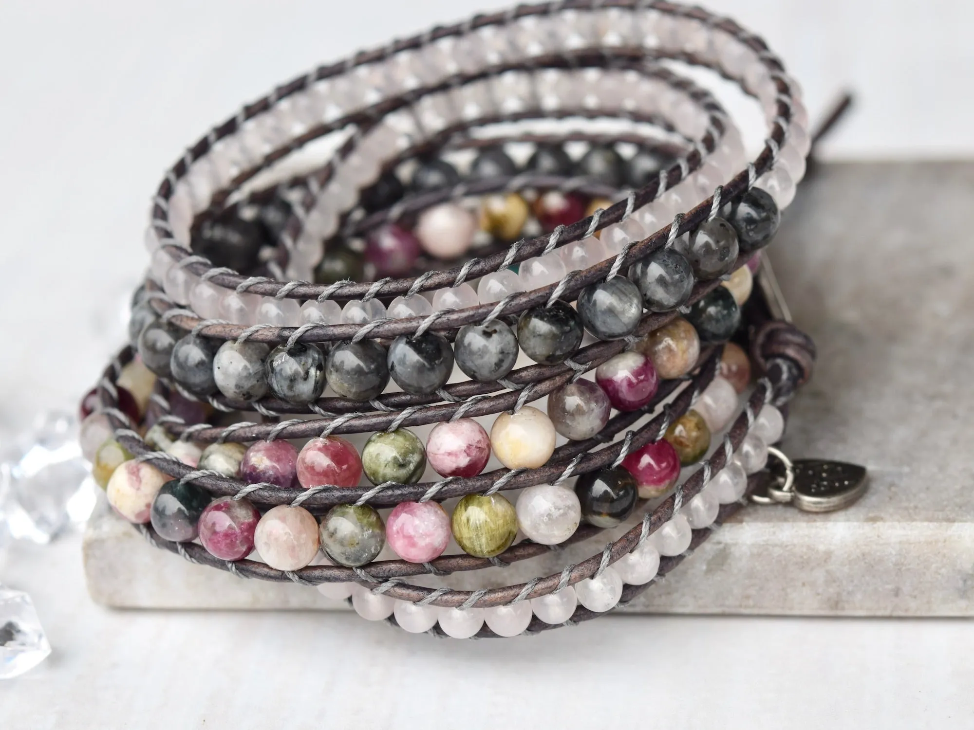 Watermelon Tourmaline & Rose Quartz Statement Wrap Bracelet