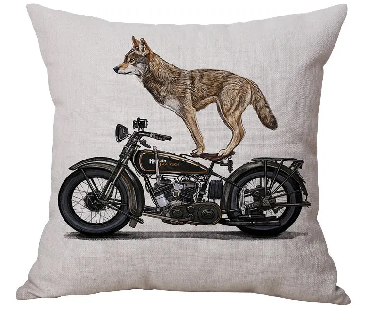 WOLF ON A MOTORCYCLE THROW CUSHION 18X18