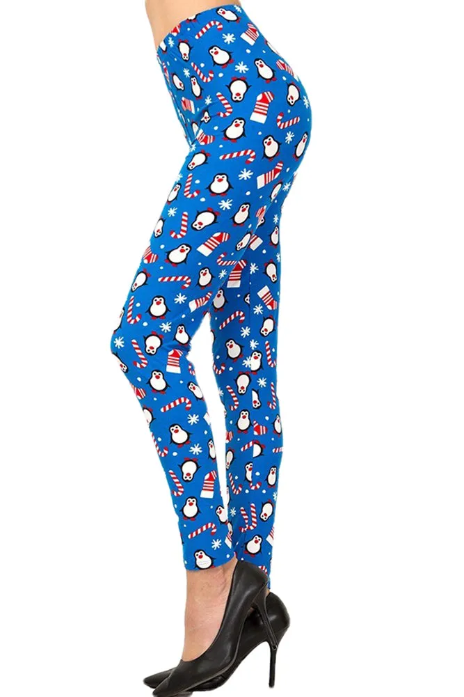 Women's Regular Christmas Cane Penguin Pattern Printed Leggings