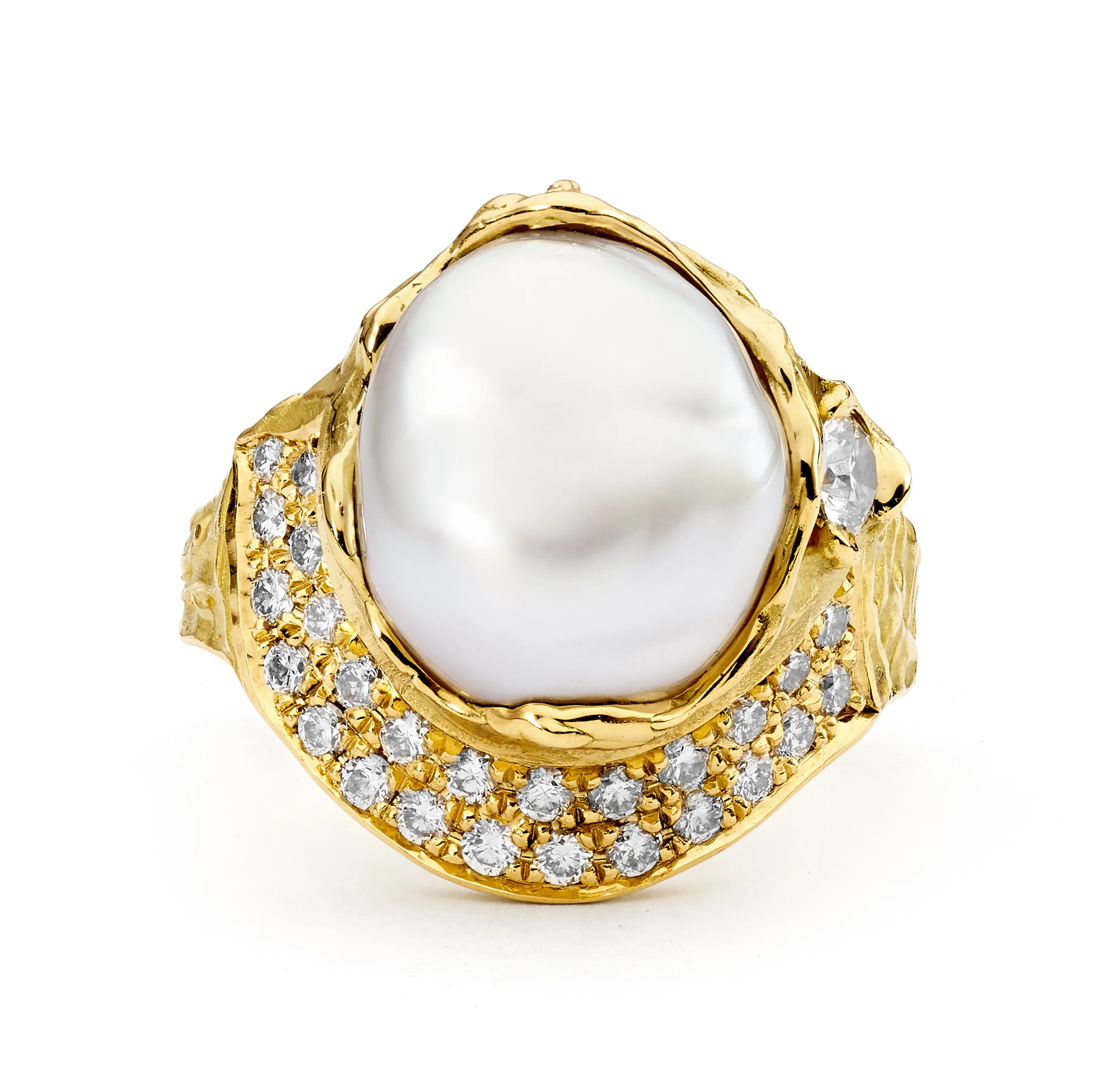 Yellow Gold Pearl and Pave Set Diamond Ring