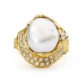 Yellow Gold Pearl and Pave Set Diamond Ring